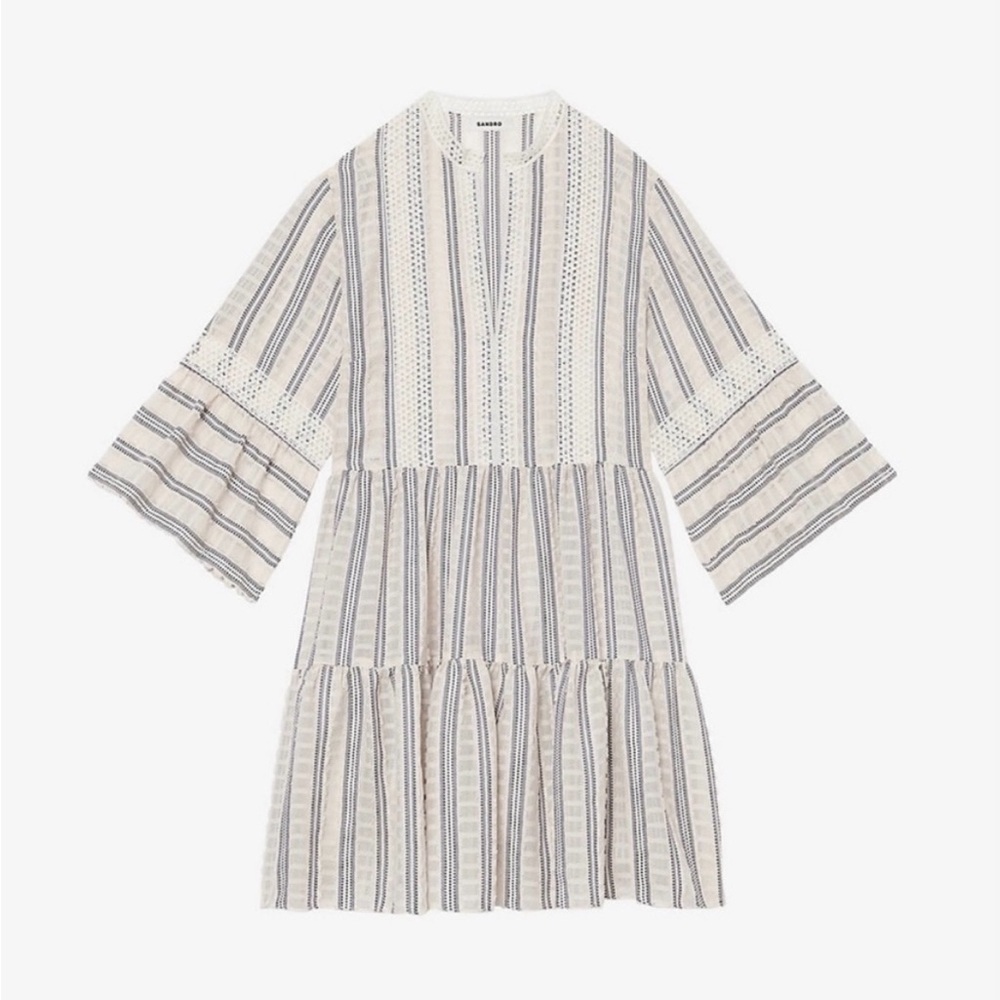 SANDRO • Ecru/White/Navy Stephanie Stripe Boho Lace-Trim Tiered Mini Dress, S - Picture 8 of 16